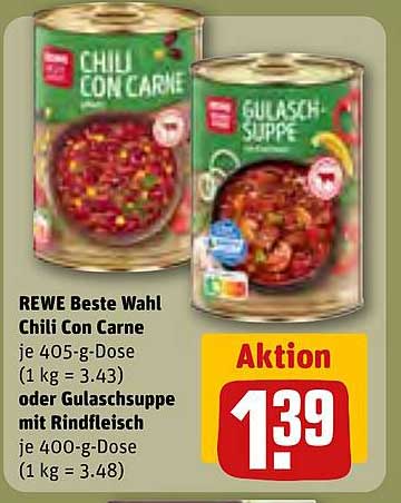 REWE Beste Wahl Chili Con Carne oder Gulaschsuppe mit Rindfleisch