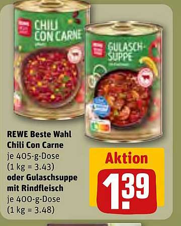 REWE Beste Wahl Chili Con Carne oder Gulaschsuppe mit Rindfleisch