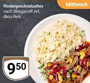 Rindergeschnetzeltes nach Stroganoff Art, dazu Reis