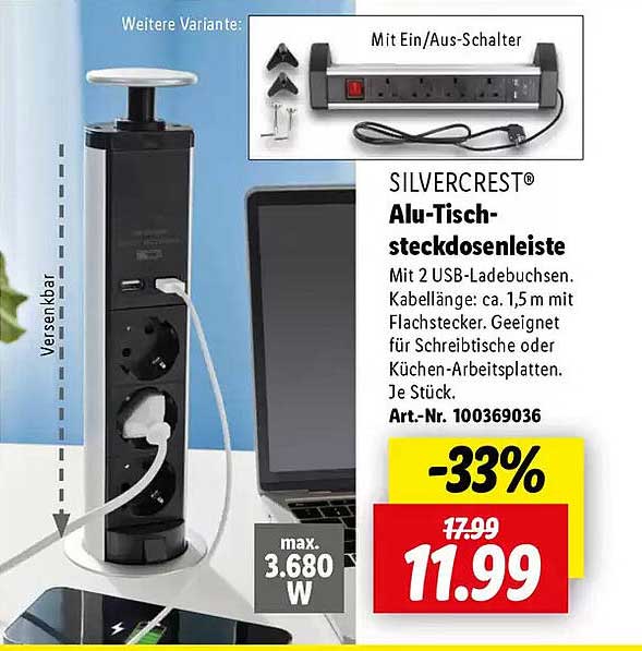 SILVERCREST® Alu-Tischsteckdosenleiste