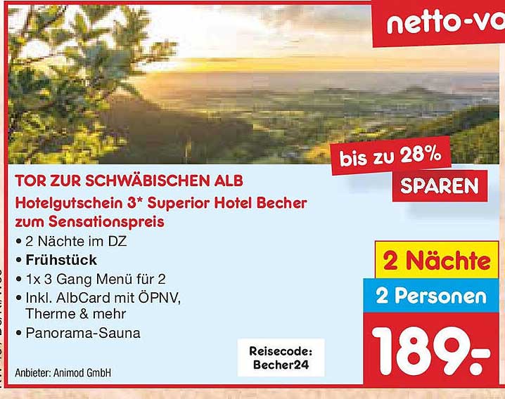 TOR ZUR SCHWÄBISCHEN ALB Hotelgutschein 3* Superior Hotel Becher zum Sensationspreis