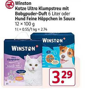 Winston Katze Ultra Klumpstreu mit Babypuder-Duft 6 Liter oder Hund Feine Häppchen in Sauce