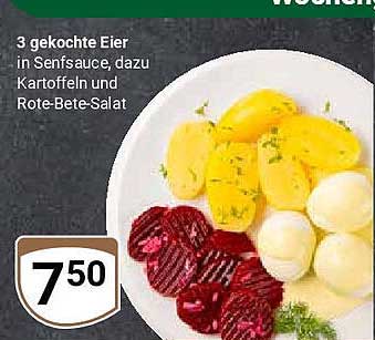 3 gekochte Eier in Senfsauce, dazu Kartoffeln und Rote-Bete-Salat