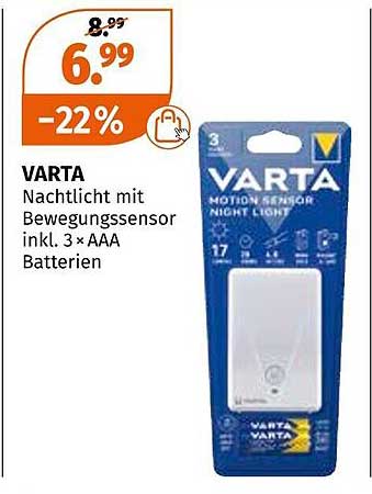 VARTA Nachtlicht mit Bewegungssensor inkl. 3 × AAA Batterien