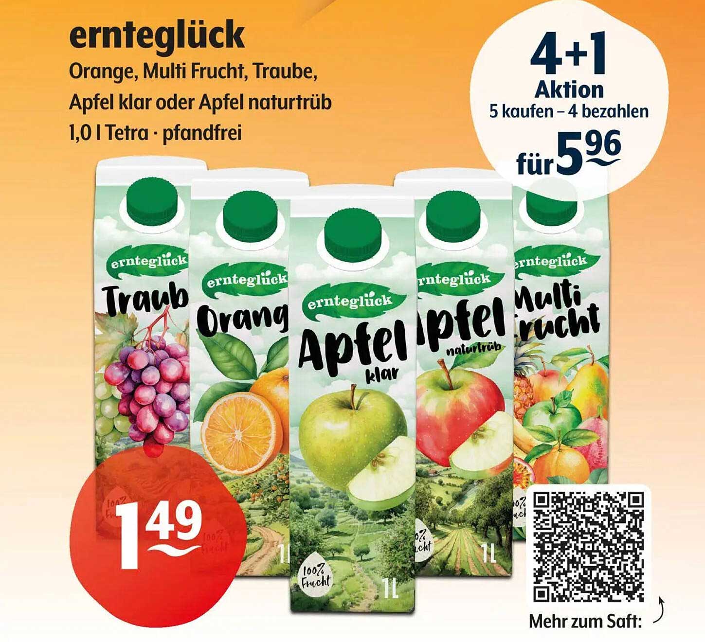 ernteglück Traub, Orange, Multi Frucht, Apfel klar oder Apfel naturtrüb