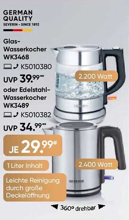 Glas-Wasserkocher WK3468 oder Edelstahl-Wasserkocher WK3489