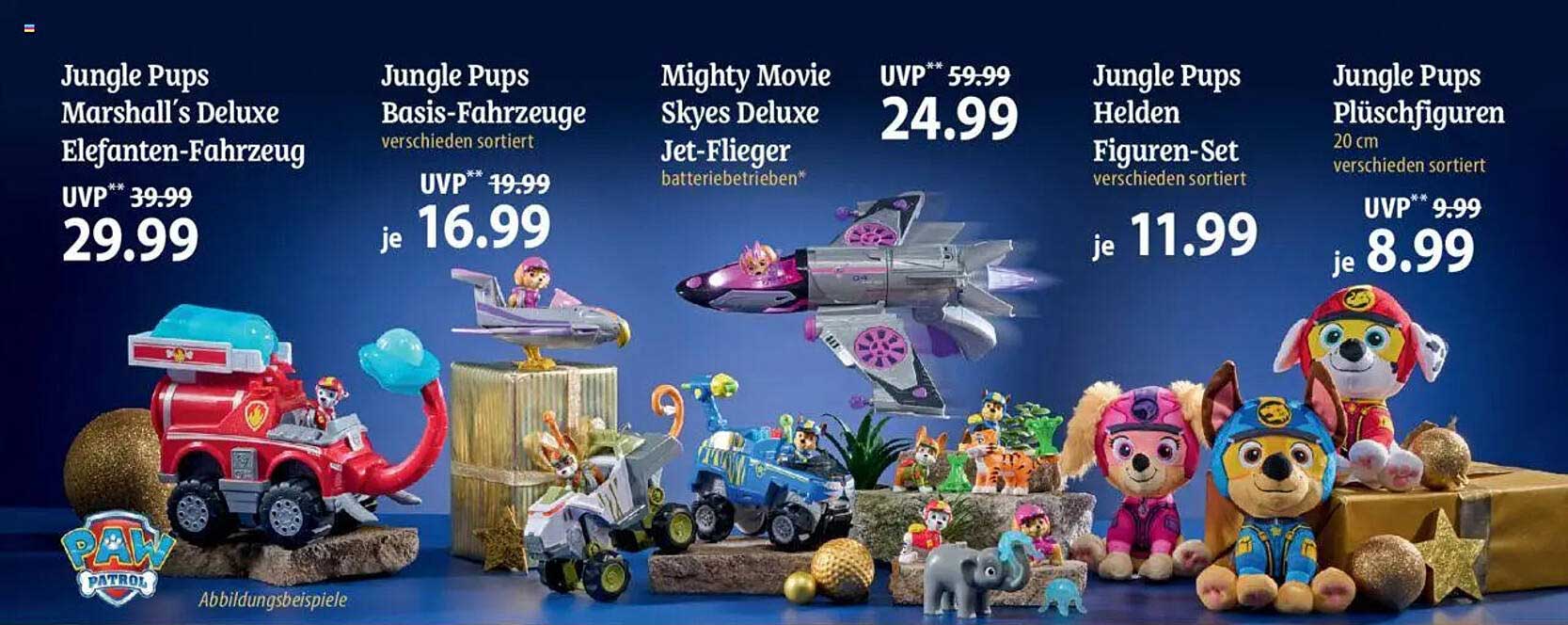 Jungle Pups Marshalls Deluxe Elefanten-Fahrzeug  
Jungle Pups Basis-Fahrzeuge  
Mighty Movie Skyes Deluxe Jet-Flieger  
Jungle Pups Helden Figuren-Set  
Jungle Pups Plüschfiguren  