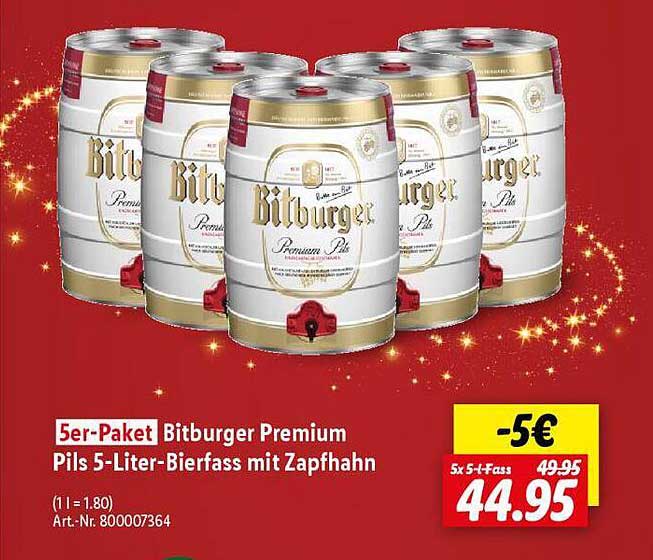 5er-Paket Bitburger Premium Pils 5-Liter-Bierfass mit Zapfhahn