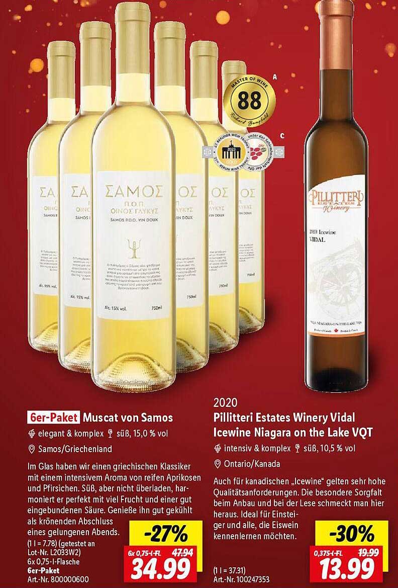 6er-Paket Muscat von Samos  
2020 Pillitteri Estates Winery Vidal Icewine Niagara on the Lake VQT