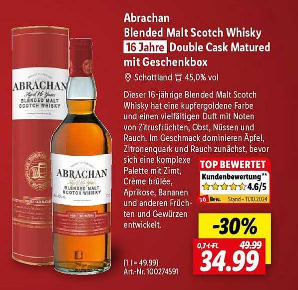 Abrachan Blended Malt Scotch Whisky 16 Jahre Double Cask Matured mit Geschenkbox