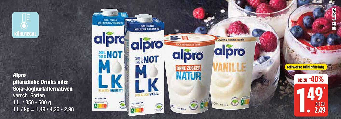 Alpro pflanzliche Drinks oder Soja-Joghurteralternativen