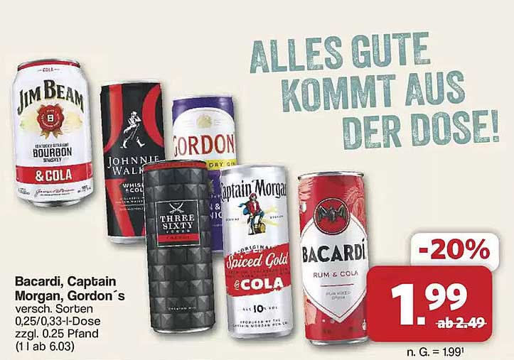 Bacardi, Captain Morgan, Gordon´s versch. Sorten