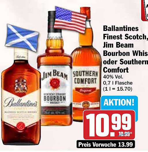 Ballantines Finest Scotch, Jim Beam Bourbon Whiskey oder Southern Comfort