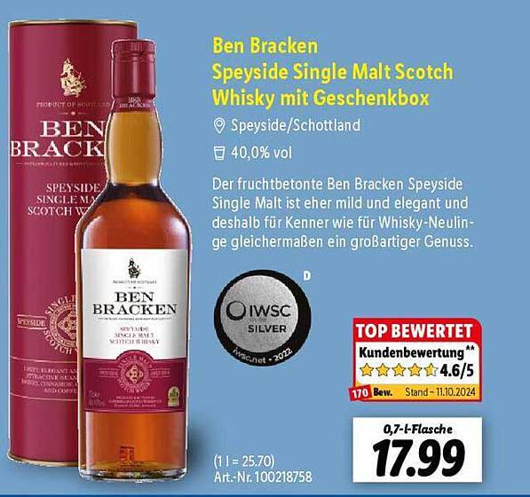 Ben Bracken Speyside Single Malt Scotch Whisky mit Geschenkbox