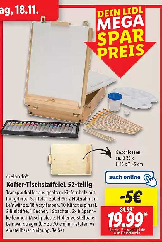 crelando® Koffer-Tischstaffelei, 52-teilig