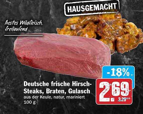 Deutsche frische Hirsch-Steaks, Braten, Gulasch