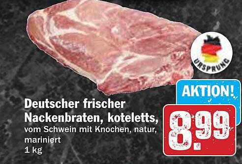 Deutscher frischer Nackenbraten, koteletts, vom Schwein mit Knochen, natur, mariniert