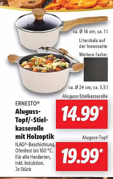 ERNESTO® Aluguss-Topf/-Stielkasserolle mit Holzoptik