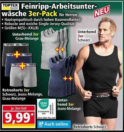 Feinripp-Arbeitsunterwäsche 3er-Pack für Herren