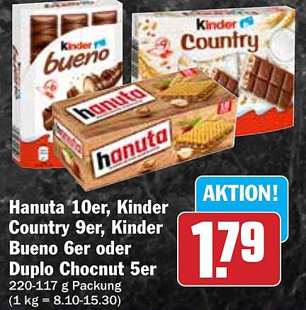 Hanuta 10er, Kinder Country 9er, Kinder Bueno 6er oder Duplo Chocnut 5er