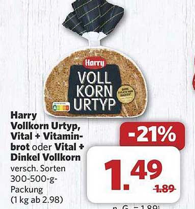 Harry Vollkorn Urtyp, Vital + Vitaminbrot oder Vital + Dinkel Vollkorn