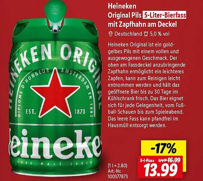 Heineken Original Pils 5-Liter-Bierfass mit Zapfhahn am Deckel