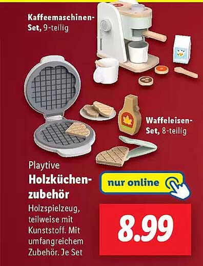 Kaffeemaschinen-Set, 9-teilig  
Waffeleisen-Set, 8-teilig  
Playtive Holzküchenzubehör  