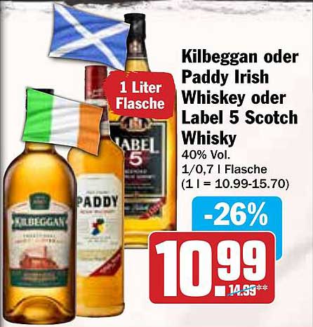 Kilbeggan oder Paddy Irish Whiskey oder Label 5 Scotch Whisky