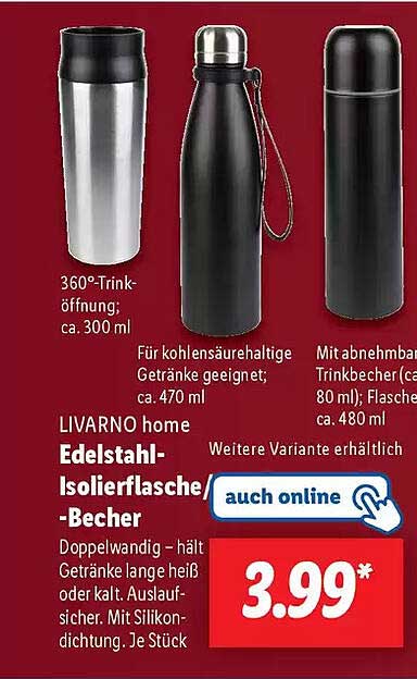 LIVARNO home Edelstahl-Isolierflasche-Becher