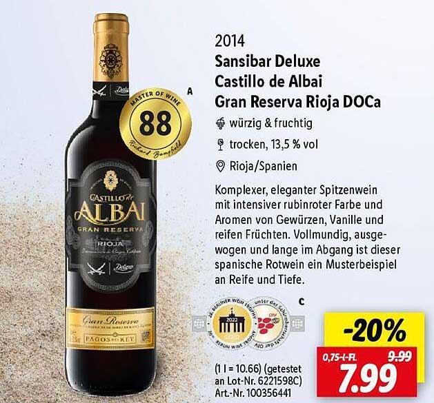 Sansibar Deluxe Castillo de Albai Gran Reserva Rioja DOCa