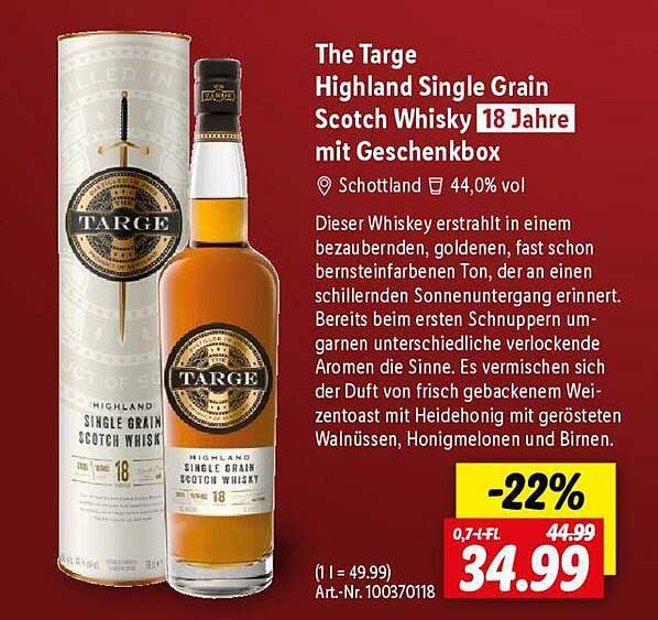 The Targe Highland Single Grain Scotch Whisky 18 Jahre mit Geschenkbüchse