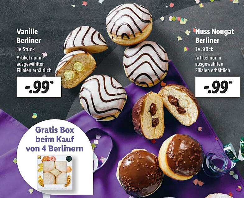 Vanille Berliner  
Nuss Nougat Berliner  