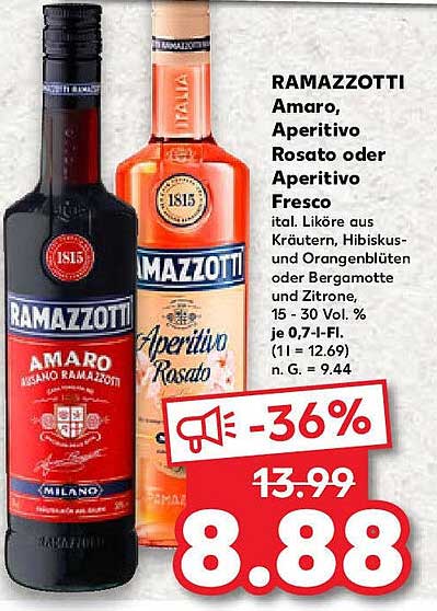 RAMAZZOTTI Amaro, Aperitivo Rosato oder Aperitivo Fresco