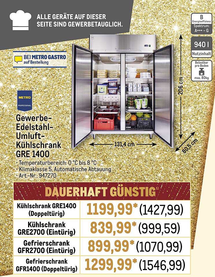 Gewerbe-Edelstahl-Umluft-Kühlschrank GRE 1400