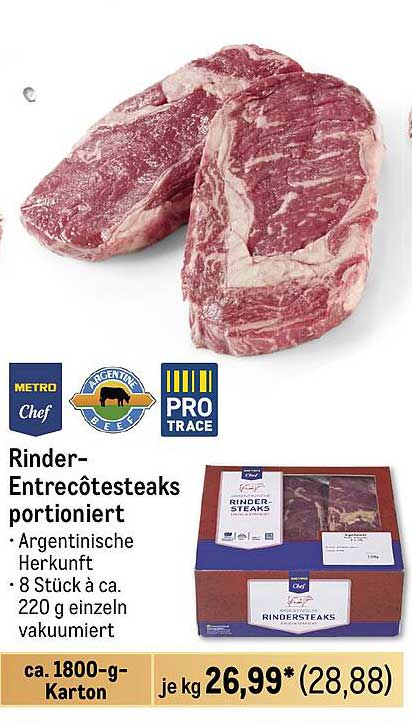 Rinder-Entrecôtesteaks portioniert