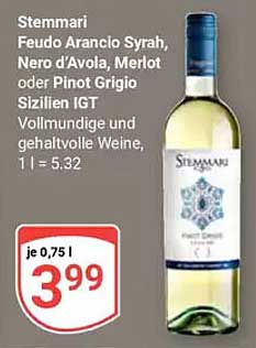 Stemmari Feudo Arancio Syrah, Nero d'Avola, Merlot oder Pinot Grigio Sizilien IGT