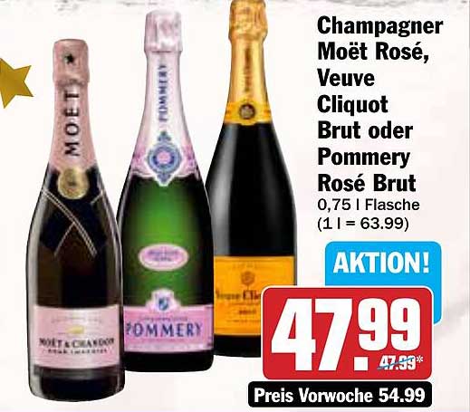 Champagner Moët Rosé, Veuve Clicquot Brut oder Pommery Rosé Brut