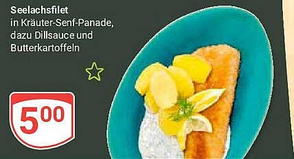 Seelachsfilet in Kräuter-Senf-Panade, dazu Dillsauce und Butterkartoffeln