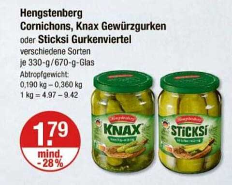 Hengstenberg Cornichons, Knax Gewürzgurken oder Sticksi Gurkenviertel