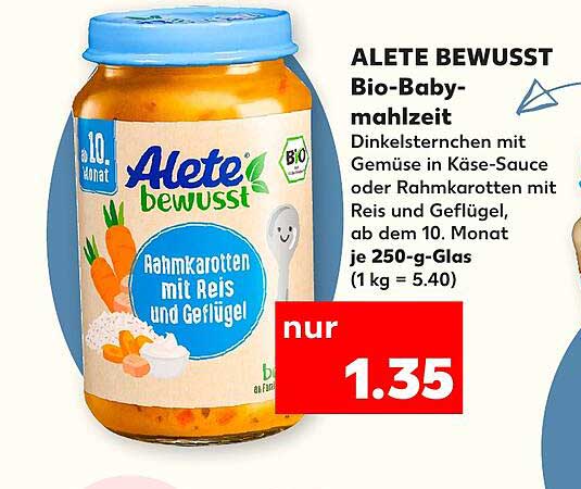 ALETE BEWUSST Bio-Babymahlzeit Rahmkarotten mit Reis und Geflügel