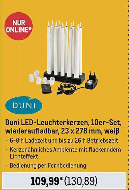 Duni LED-Leuchtkerzen, 10er-Set, wiederaufladbar, 23 x 278 mm, weiß