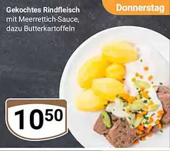 Gekochtes Rindfleisch mit Meerrettich-Sauce, dazu Butterkartoffeln