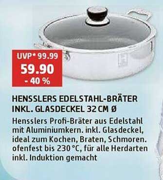 Hensslers Edelstahl-Bräter inkl. Glasdeckel 32 cm Ø