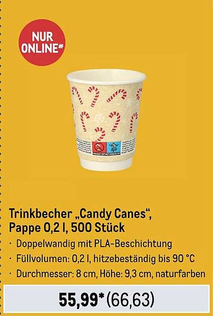 Trinkbecher „Candy Canes“, Pappe 0,2 l, 500 Stück