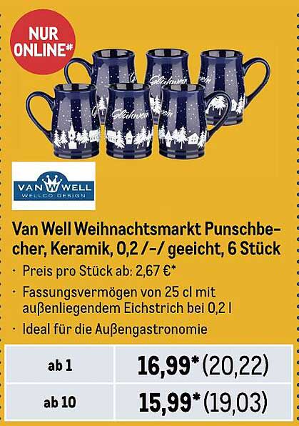 Van Well Weihnachtsmarkt Punschbecher, Keramik, 6 Stück