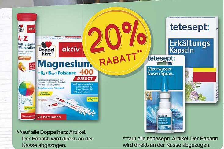 Doppelherz Magnesium 400 DIRECT  
tetesept Erkältungs Kapseln  
tetesept Meerwasser Nasen Spray  