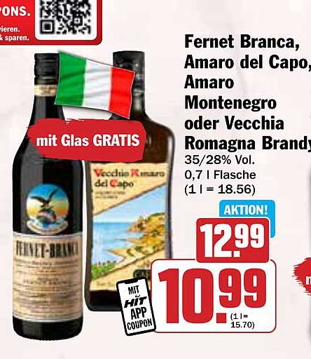 Fernet Branca, Amaro del Capo, Amaro Montenegro oder Vecchia Romagna Brandy