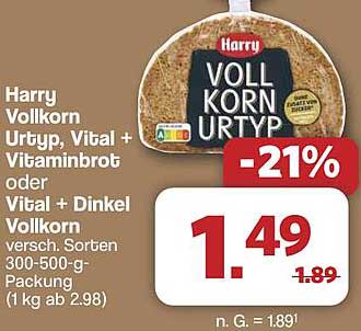 Harry Vollkorn Urtyp, Vital + Vitaminbrot oder Vital + Dinkel Vollkorn