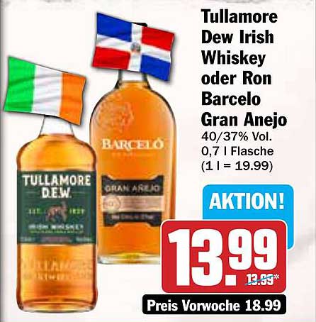 Tullamore Dew Irish Whiskey oder Ron Barceló Gran Anejo