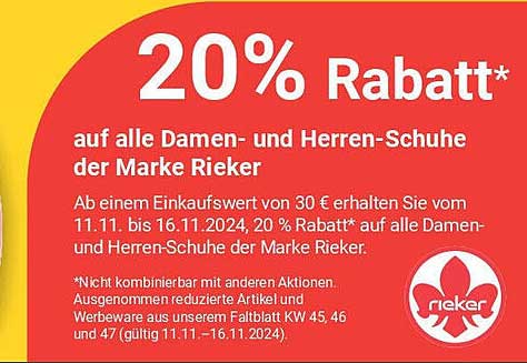 20% Rabatt* auf alle Damen- und Herren-Schuhe der Marke Rieker